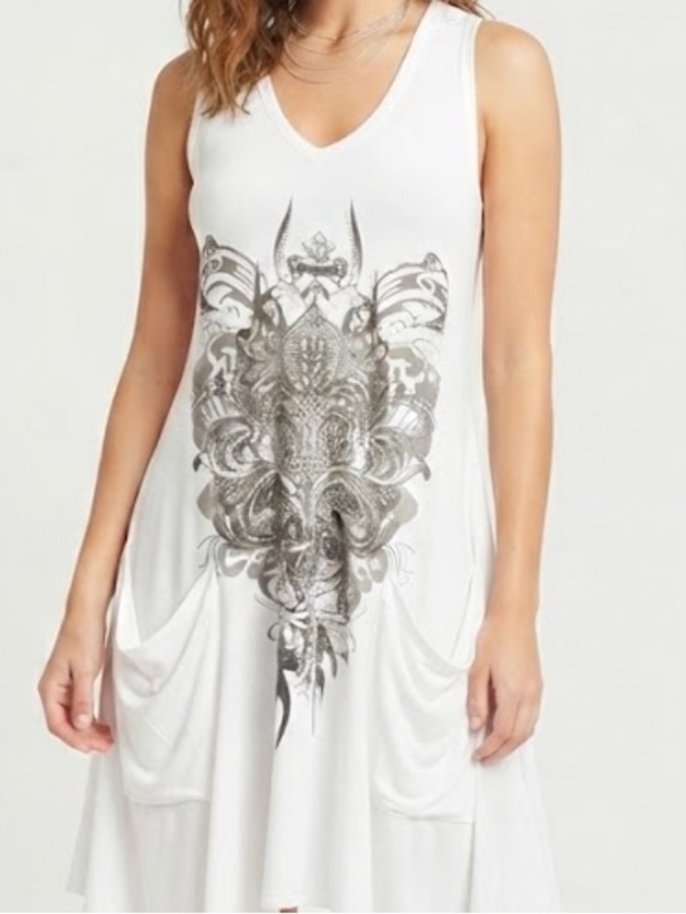 Sleeveless Y2K White V-Neck Rhinestone Hem Tunic Dress Silver Medium